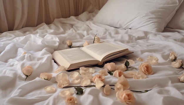 Un libro su un letto con sopra delle rose