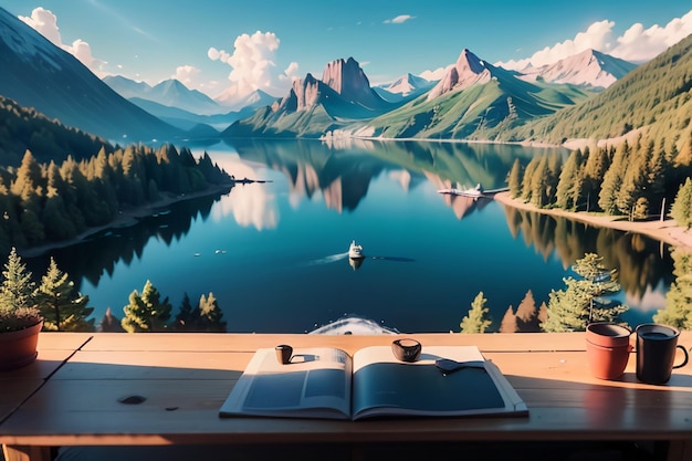 Un libro su un tavolo che si affaccia su un lago con le montagne sullo sfondo