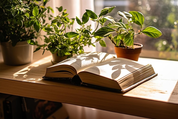 un libro su un tavolo con una pianta sullo sfondo