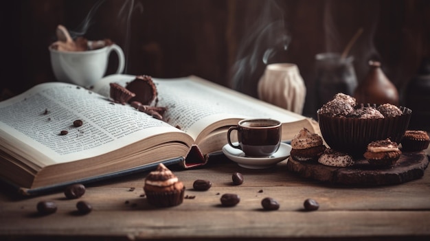 Un libro su un tavolo con una tazza di caffè e una torta al cioccolato.