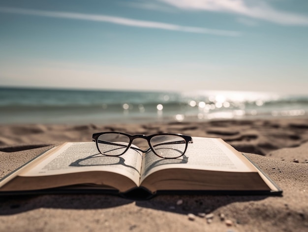 Un libro sulla spiaggia con gli occhiali sopra