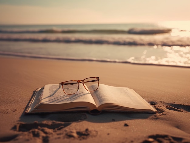 Un libro sulla spiaggia con gli occhiali sopra