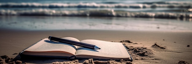 Un libro sulla spiaggia con sopra una penna