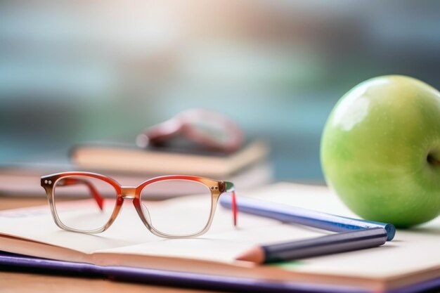 Un libro, una mela verde, una matita e un libro su una scrivania.