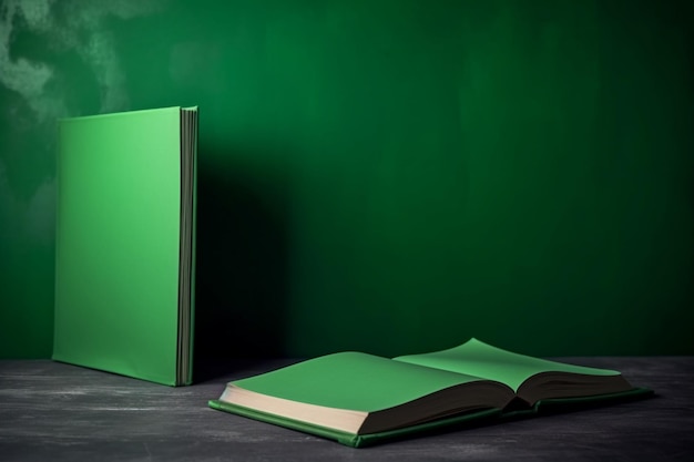 Un libro verde con una copertina verde è su un tavolo accanto a un libro verde.