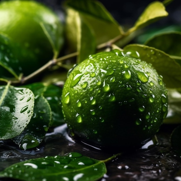 Un lime verde con gocce d'acqua su di esso