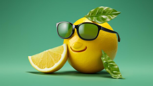 Un limone allegro e felice con gli occhiali, un frutto antropomorfo sorridente in occhiali da sole.