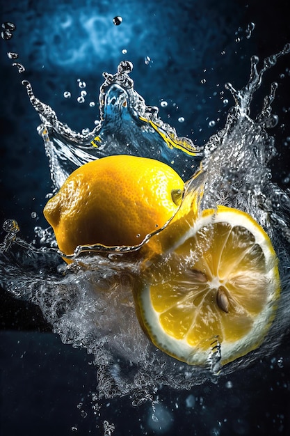 Un limone che schizza in una spruzzata d'acqua