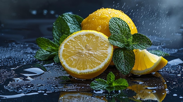 un limone intero e una metà tagliata con gocce d'acqua e ramoscelli di menta fresca sullo sfondo scuro