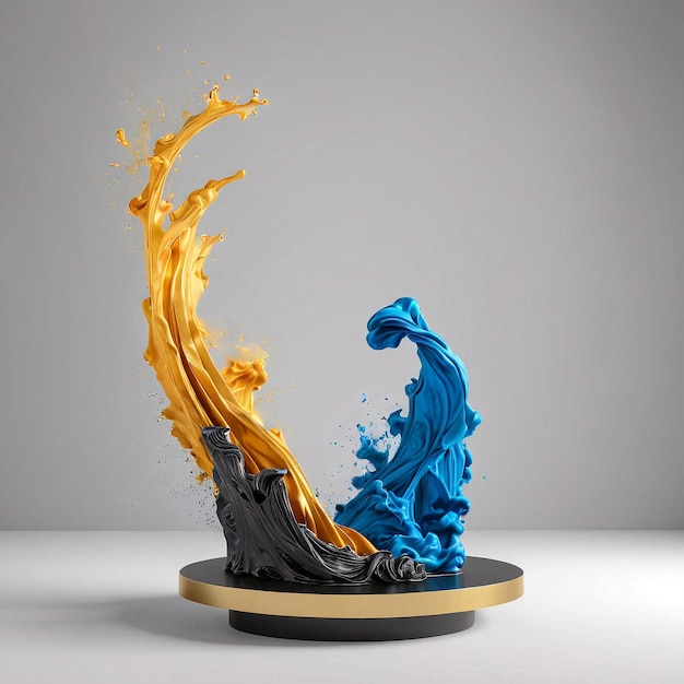 un liquido blu e giallo che spruzza da una scultura nera e dorata