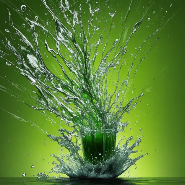 un liquido verde che spruzza fuori dall'oggetto superiore con un spruzzo d'acqua