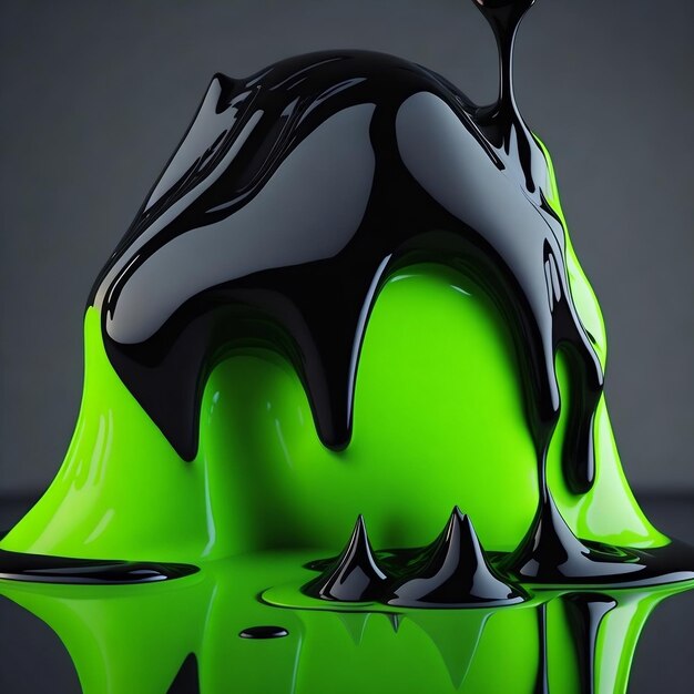 Un liquido verde e nero si trova su un tavolo con uno sfondo nero.