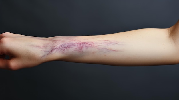 Un livido sul braccio di una giovane ragazza su uno sfondo scuro.