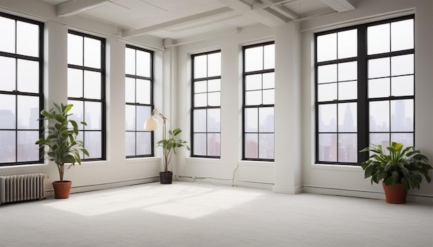 Un loft vuoto a New York con piante, finestre, tappeto, modello di realtà aumentata.