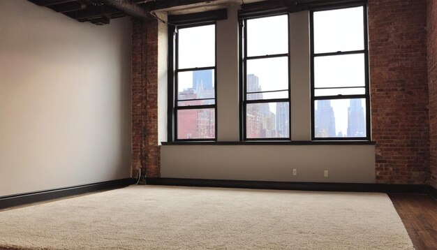 Un loft vuoto a New York con piante, finestre, tappeto, modello di realtà aumentata.