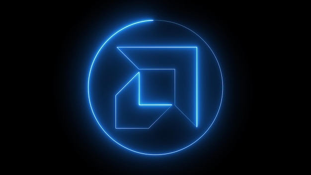 Un logo al neon blu luminoso su uno sfondo nero con forme geometriche che formano un disegno astratto