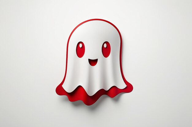 Un logo fantasma di colore rosso con un'espressione carina e giocosa che galleggia su uno sfondo di carta bianca