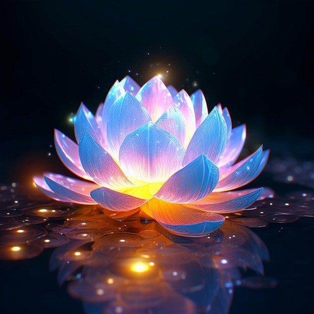 Un loto blu è illuminato da una luce splendente.