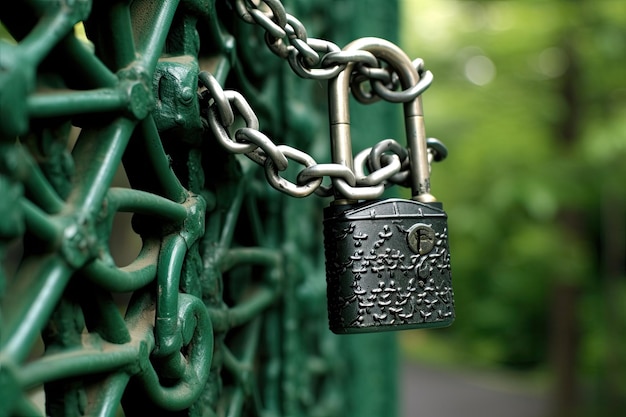 Un lucchetto si blocca su un cancello verde