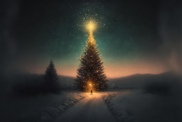 Un luminoso albero di Natale decorato con stelle luminose nel cielo