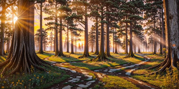 Un luminoso tramonto illumina un antico sentiero nel bosco