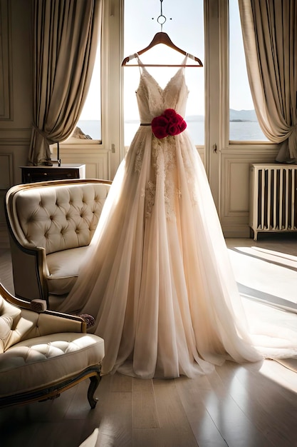Un lungo abito da sposa bianco con una rosa rossa davanti alla finestra
