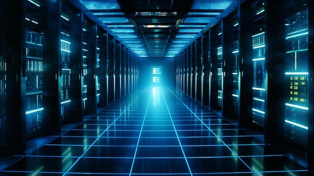 un lungo corridoio con file di server al suo interno
