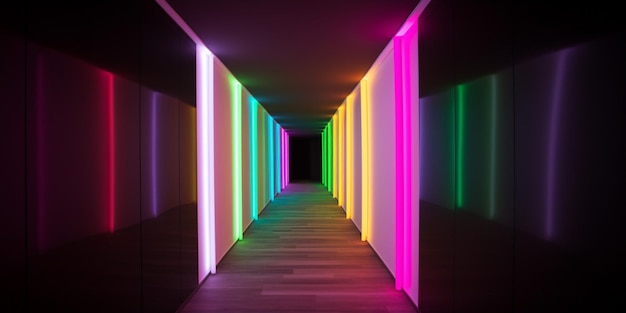 Un lungo corridoio con luci al neon alle pareti e pavimento nero.