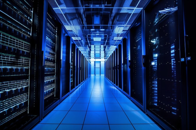 Un lungo corridoio con luci blu e un pavimento blu che dice "è un grande data center".