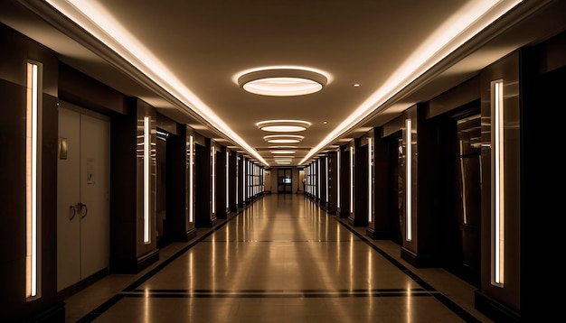 Un lungo corridoio con luci sul soffitto e una luce sul soffitto.