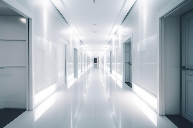 Un lungo corridoio con pareti bianche e luci generative AI