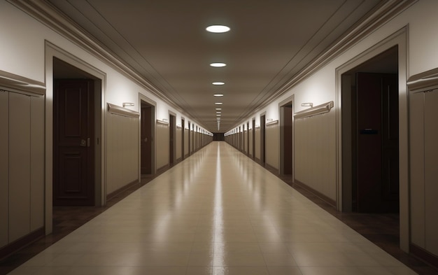 Un lungo corridoio con pavimenti piastrellati e pareti bianche AI