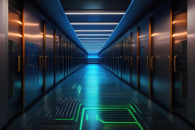 Un lungo corridoio del datacenter con pavimento blu e luci verdi