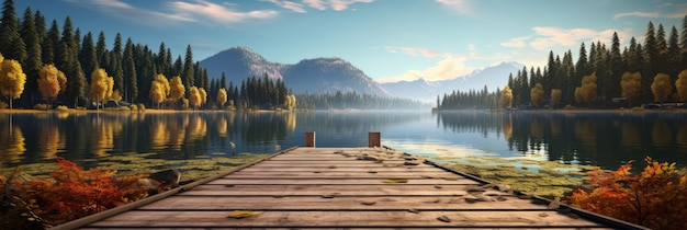 Un lungo molo di legno ombreggiato da alberi si trova vicino a un lago Generative Ai
