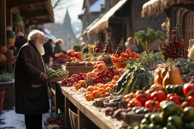 Un lungo tavolo al mercato pieno di frutta e verdura