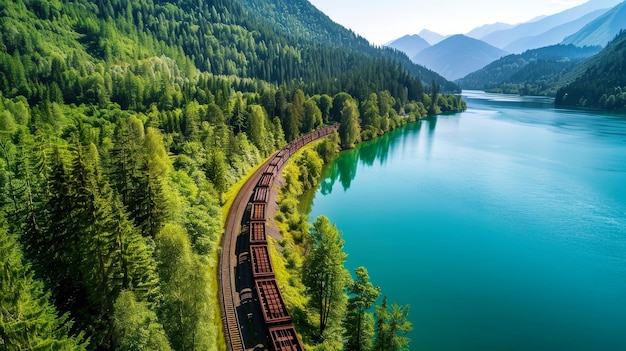 Un lungo treno viaggia lungo i binari attraversando una fitta foresta verde piena di alberi alti e fogliame vibrante