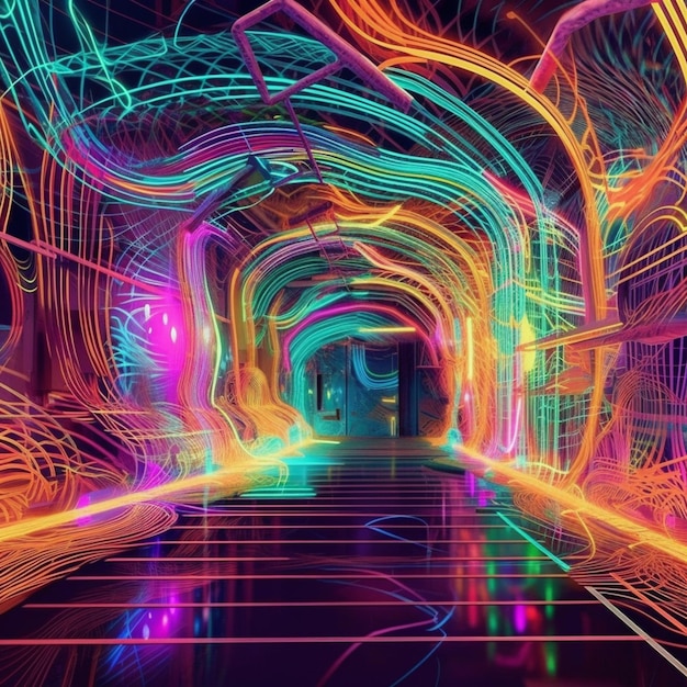 un lungo tunnel con luci al neon al centro dell'intelligenza artificiale