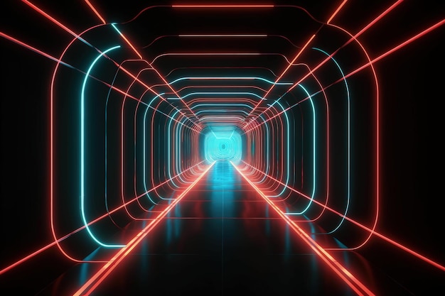 Un lungo tunnel con luci al neon che lo attraversano IA generativa