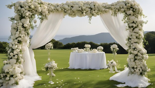 un luogo di matrimonio con un tavolo e fiori su di esso