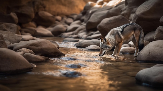 Un lupo beve l'acqua in un ruscello nel Grand Canyon.