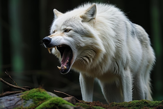 un lupo bianco arrabbiato con la bocca aperta