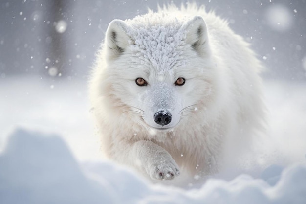 Un lupo bianco corre nella neve con gli occhi aperti.