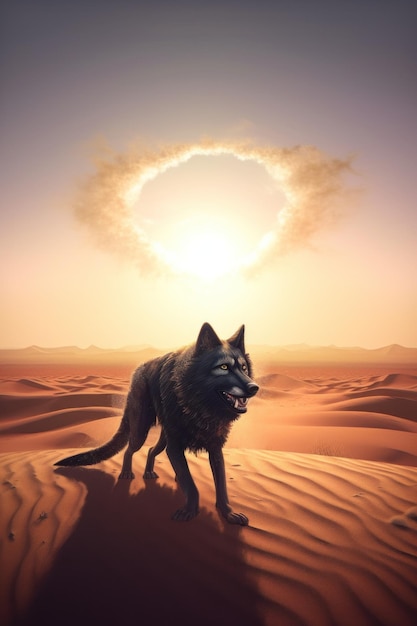 Un lupo che cammina nel deserto al tramonto Immagine generativa AI