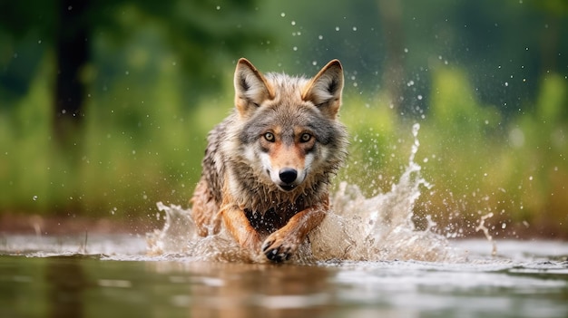 un lupo che corre nell'acqua