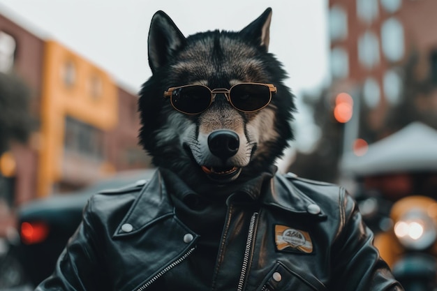 Un lupo che indossa occhiali da sole e una giacca di pelle Immagine di intelligenza artificiale generativa