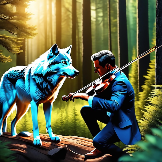 un lupo che suona il violino in una foresta nello stile di jack Kerouac messa a fuoco nitida lucida senza vita