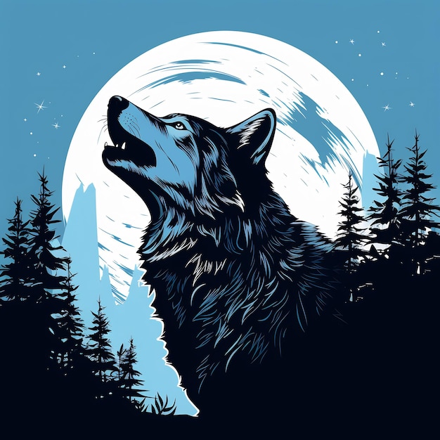 un lupo che ulula a luna piena con gli alberi sullo sfondo