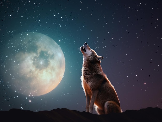 Un lupo che ulula alla luna con un cielo stellato sullo sfondo.