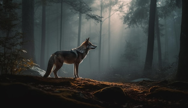 Un lupo che ulula nella foresta oscura generata dall'IA