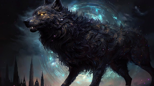 Un lupo con gli occhi luminosi si trova di fronte a un cielo notturno.